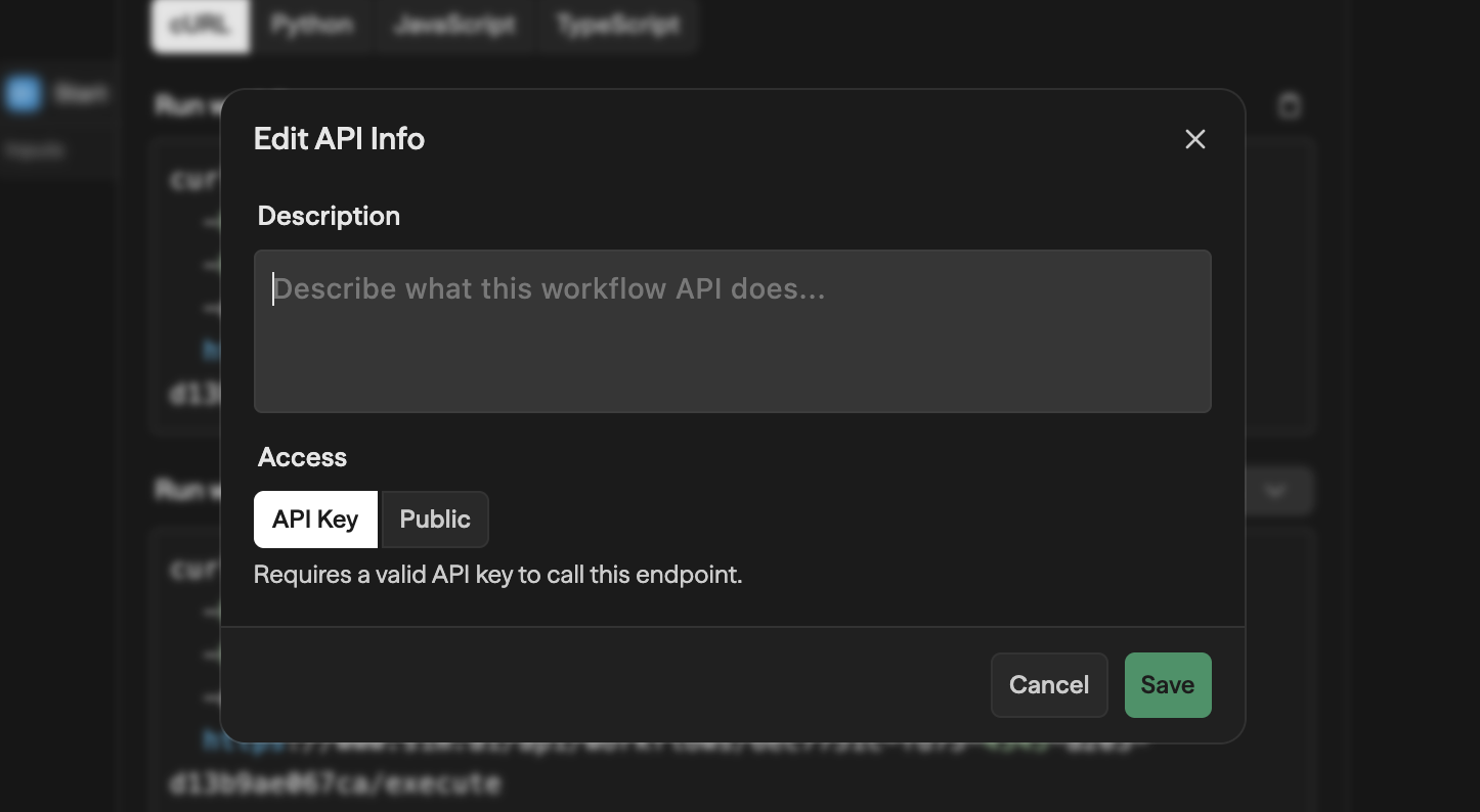 Modal Edit API Info com um textarea Description e uma seção Access alternando entre os modos API Key e Public