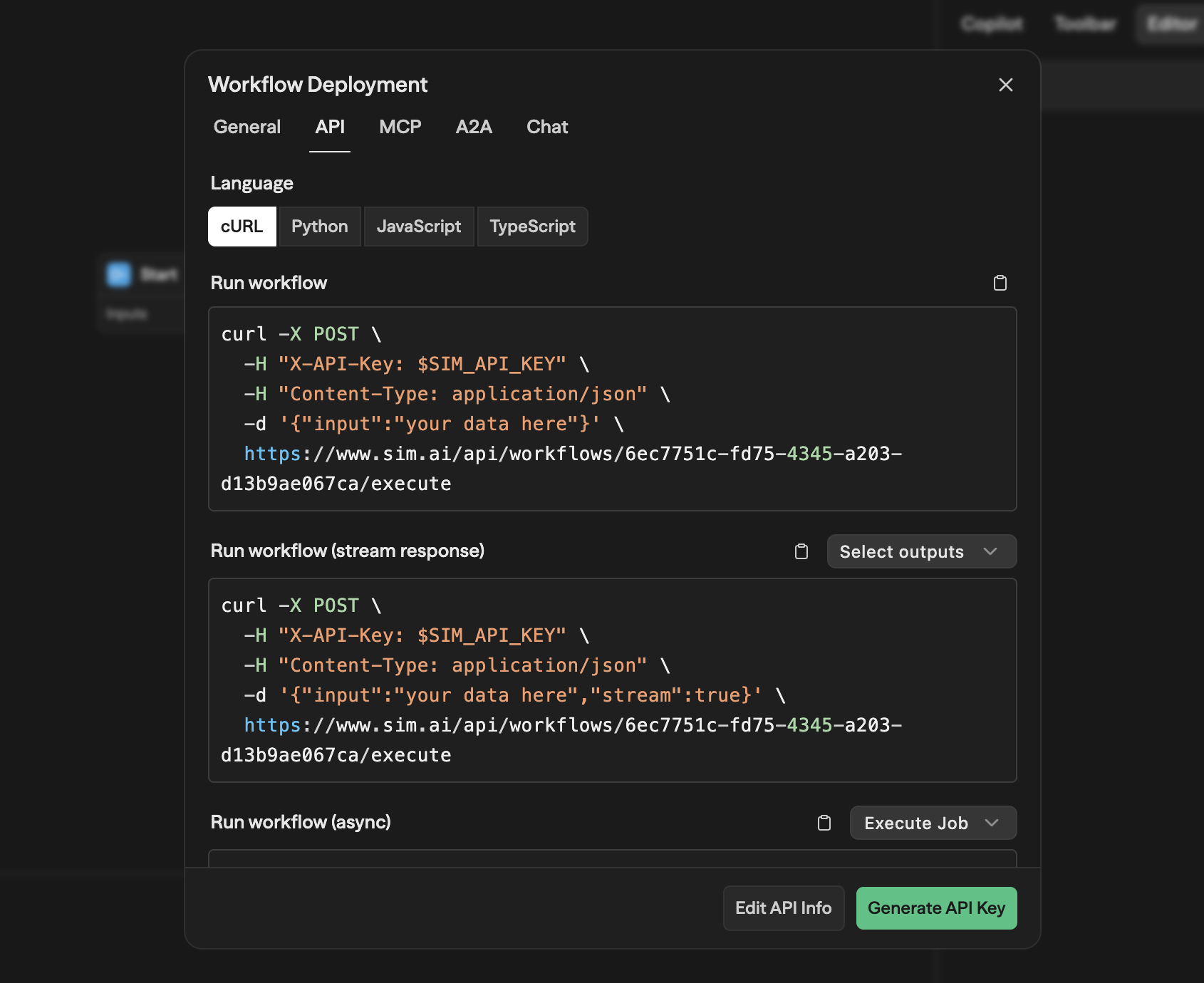 Aba API mostrando opções de linguagem cURL, Python, JavaScript e TypeScript, com seções de código Run workflow, Run workflow (stream response) e Run workflow (async)