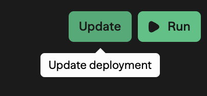 Barra de ferramentas do canvas mostrando os botões Update e Run com um tooltip Update deployment