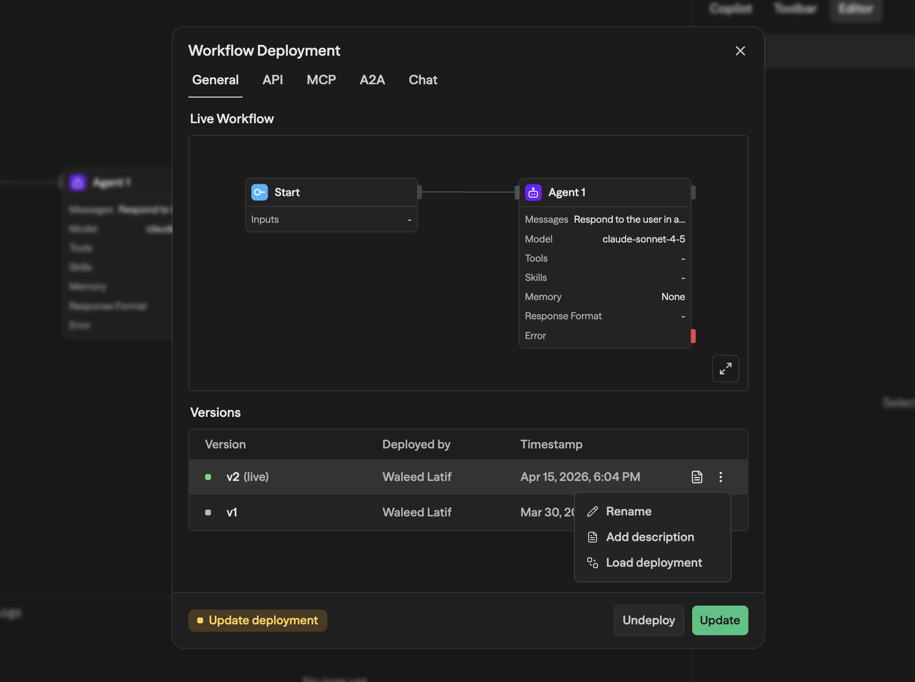 Aba General do modal Workflow Deployment mostrando um preview ao vivo do workflow, uma tabela Versions com v2 (live) e v1, e botões Undeploy / Update