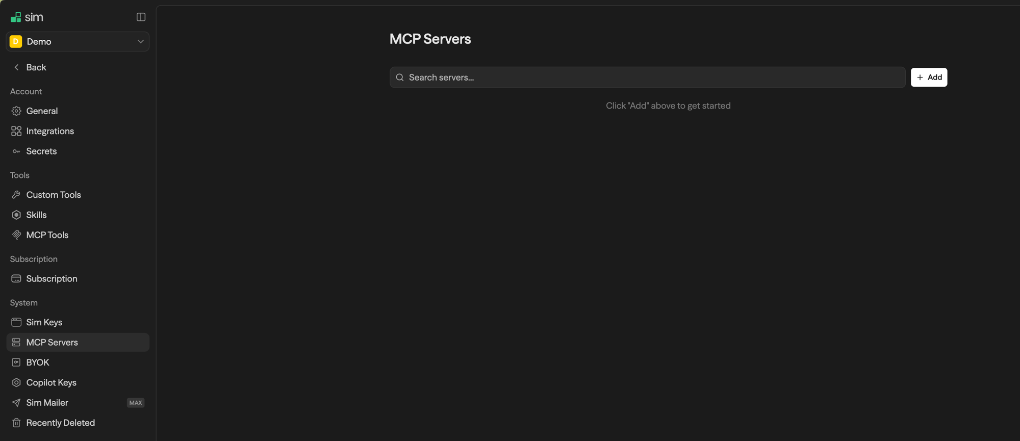 Página de configurações MCP Servers