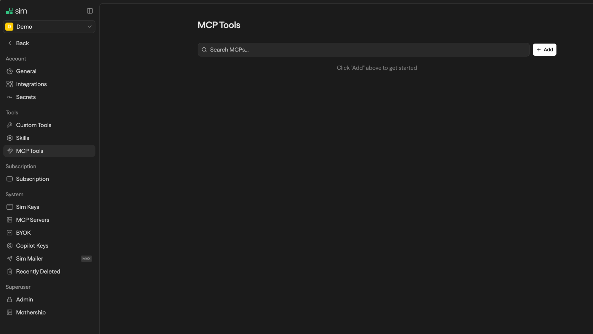 Página de configurações de MCP Tools