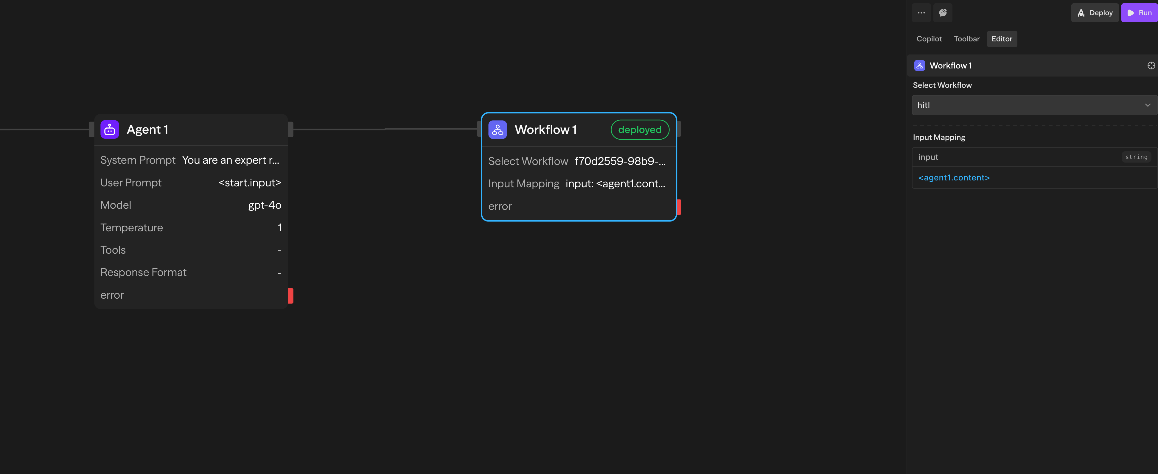 Bloco Workflow com exemplo de mapeamento de entrada