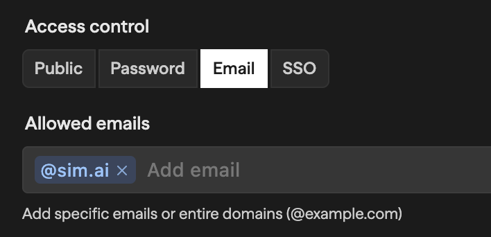 Seção Access control com a aba Email selecionada, mostrando um campo Allowed emails com o domínio @app.zoen.space adicionado