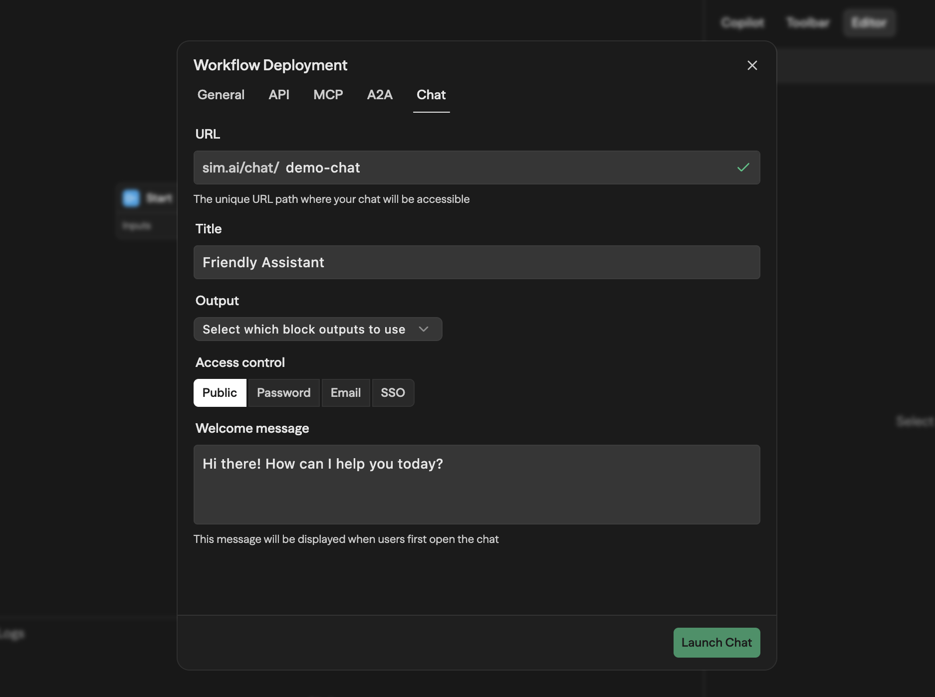 Painel de configuração do deployment de chat mostrando os campos URL, Title, Output, Access control e Welcome message