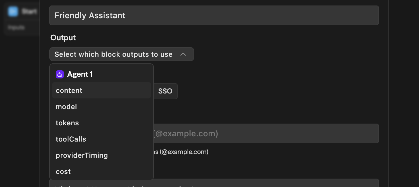 Dropdown Output mostrando o bloco Agent 1 com campos selecionáveis: content, model, tokens, toolCalls, providerTiming, cost