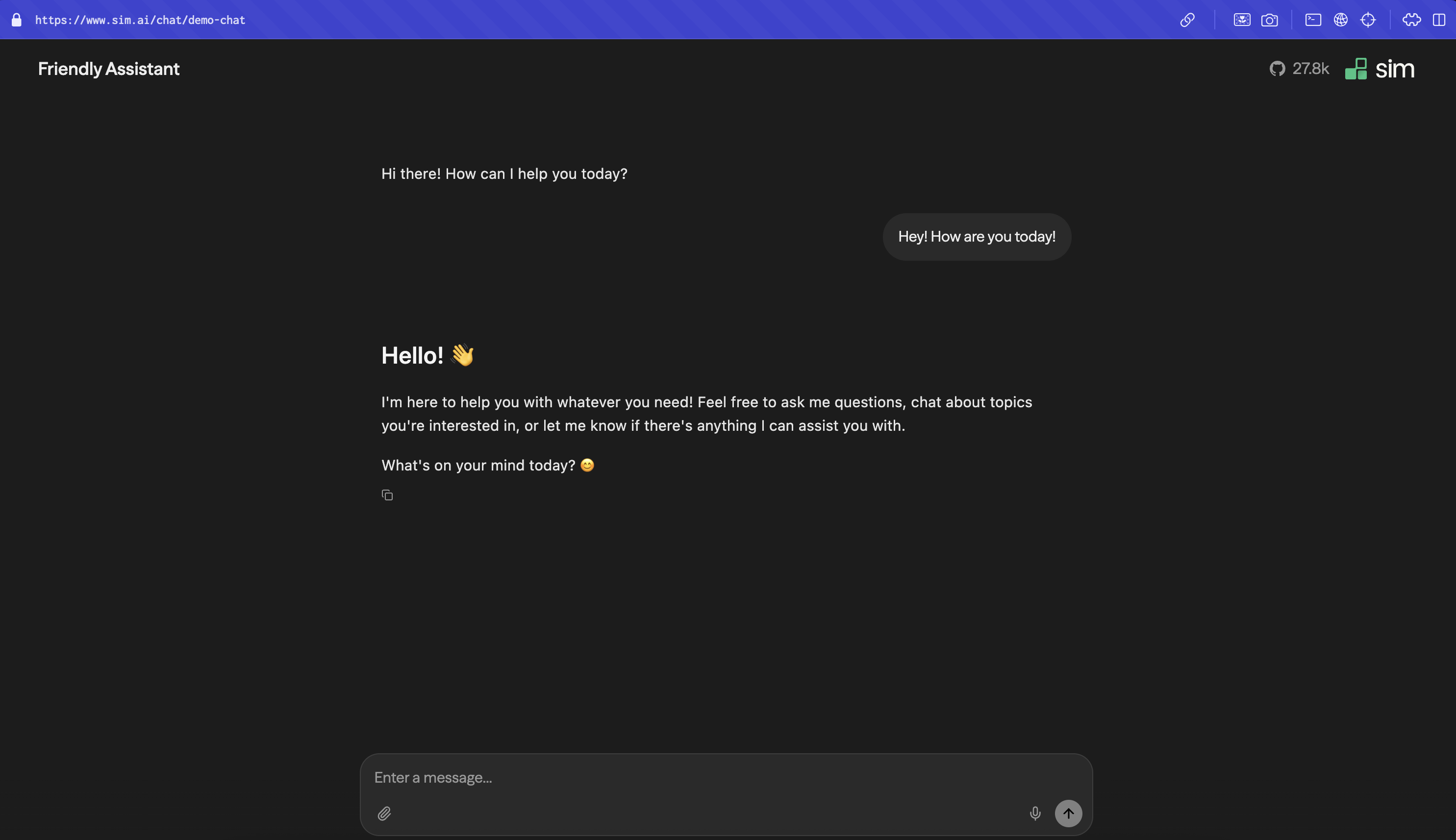 Uma interface de chat publicada mostrando uma conversa com Friendly Assistant