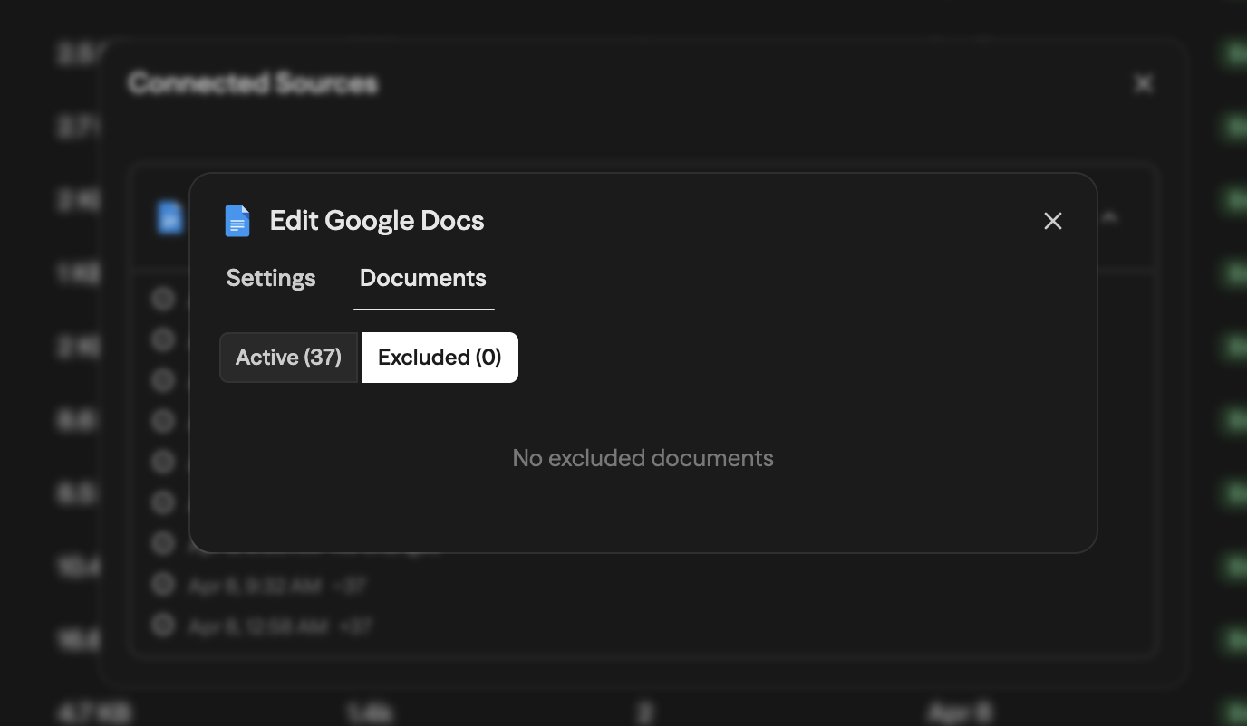 Painel Connected Sources mostrando um conector Google Docs com status Active, detalhes do último sync e um log de histórico de sync com entradas datadas
