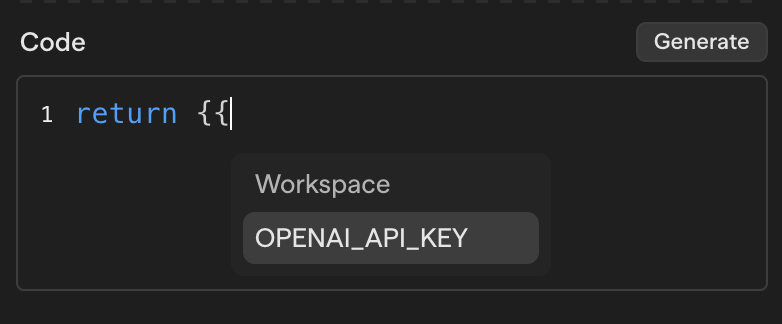 Uma referência de segredo resolvida mostrada como {{OPENAI_API_KEY}}