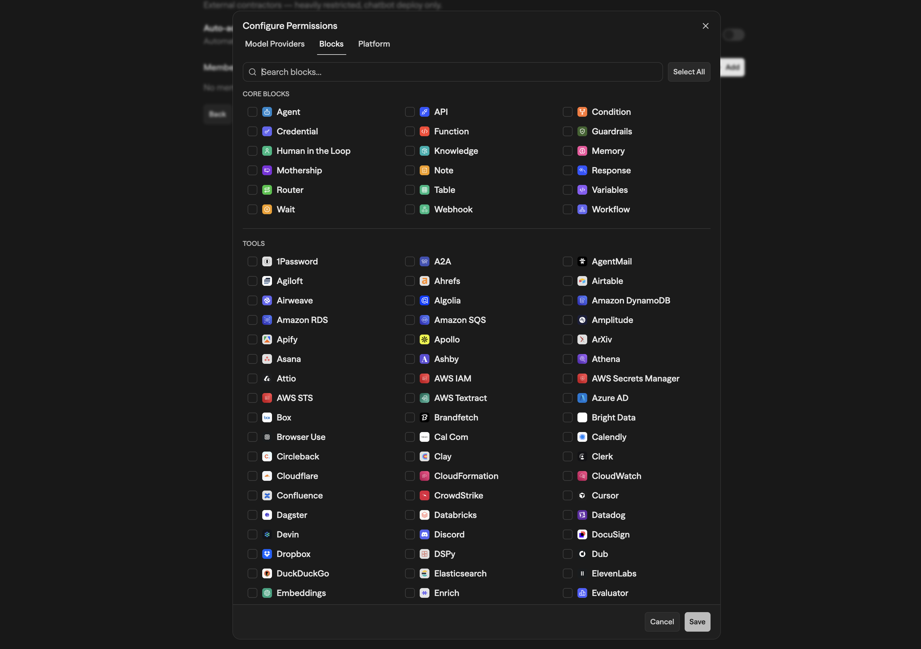 Aba Blocks mostrando Core Blocks (Agent, API, Condition, Function, Knowledge etc.) e Tools (integrações como 1Password, Ahrefs, Airtable e mais) com checkboxes para permitir ou restringir cada um