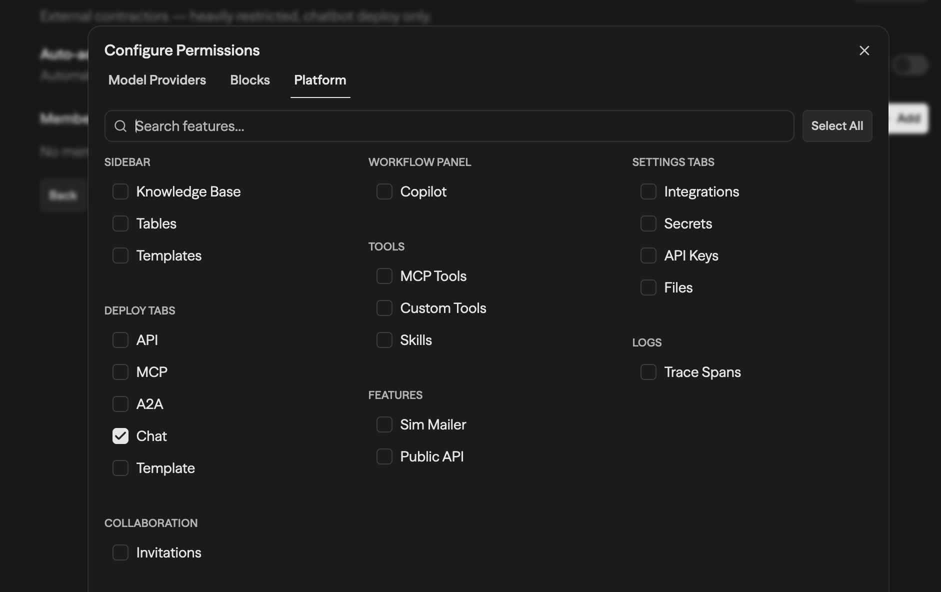Aba Platform mostrando toggles de recursos agrupados por categoria: Sidebar (Knowledge Base, Tables), Workflow Panel (Copilot), Settings Tabs, Tools, Deploy Tabs, Features, Logs e Collaboration