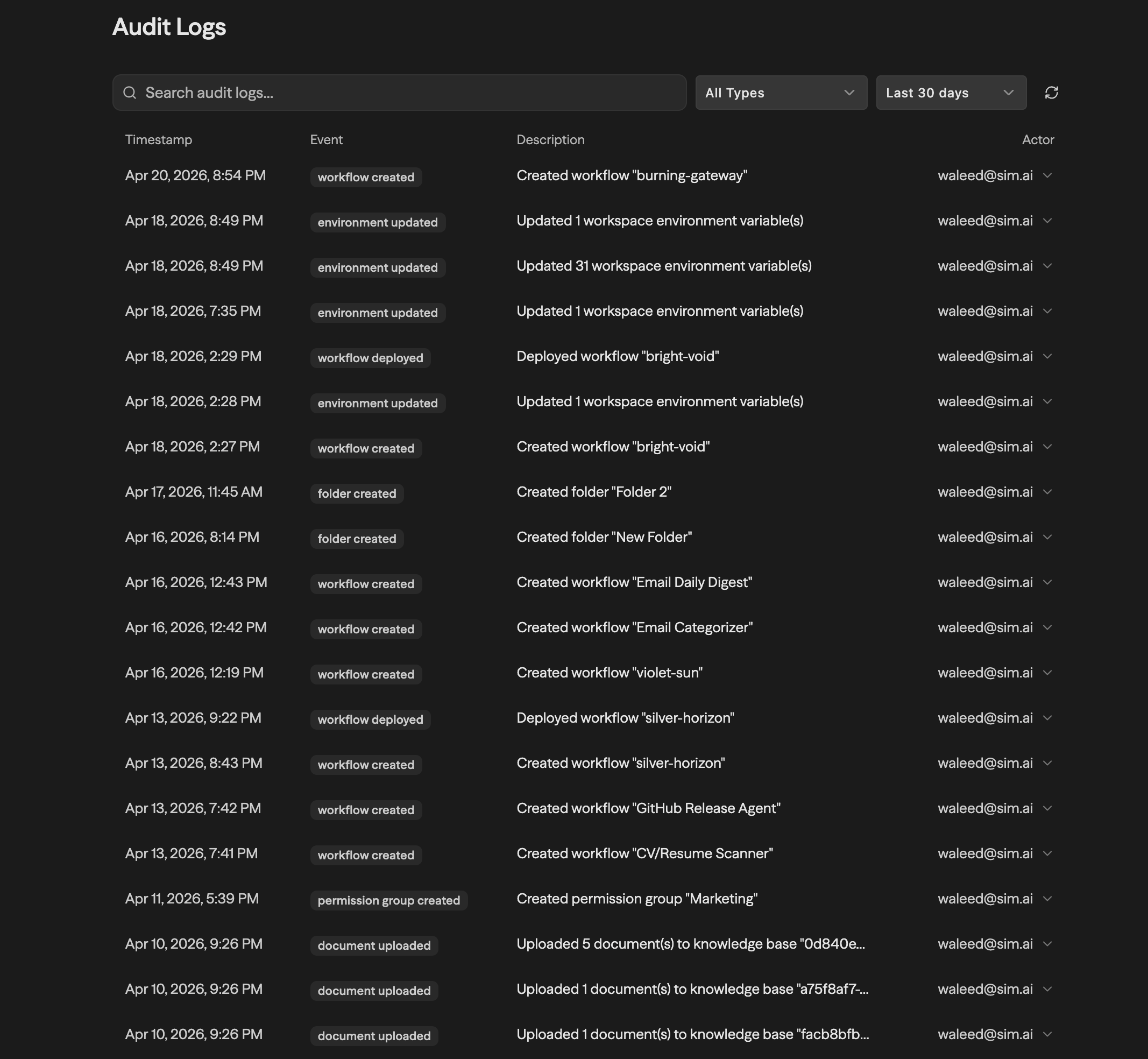 Settings de Audit Logs mostrando uma tabela de eventos com colunas Timestamp, Event, Description e Actor, junto com controles de busca e filtro