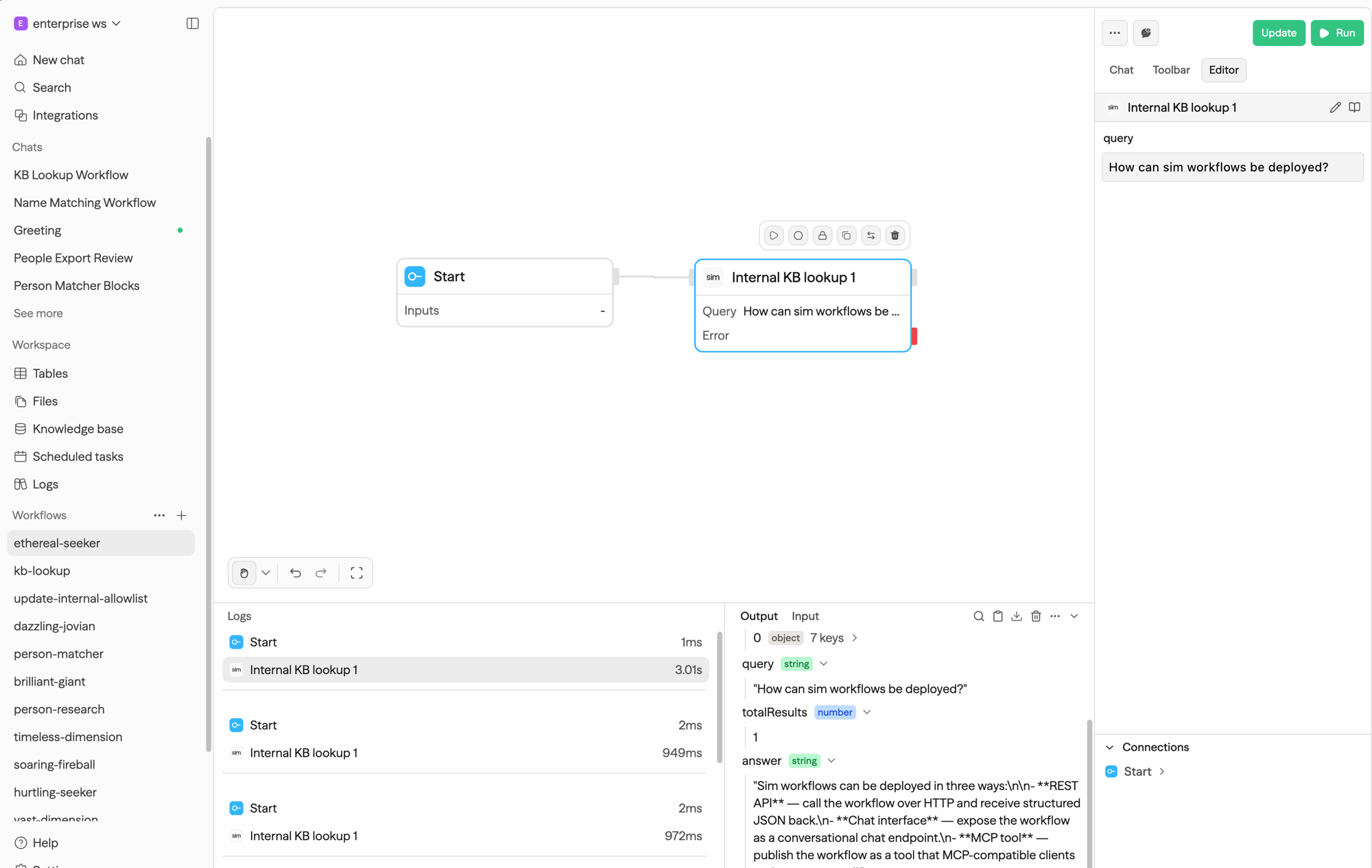 Um custom block conectado a um bloco Start no canvas do workflow, com a entrada query preenchida e a saída da execução mostrando os campos retornados