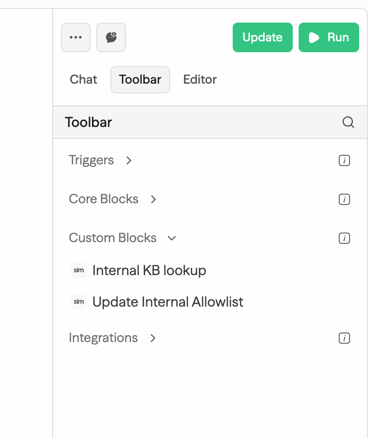 Toolbar de blocos do editor de workflow com uma seção Custom Blocks listando dois blocos publicados abaixo de Core Blocks