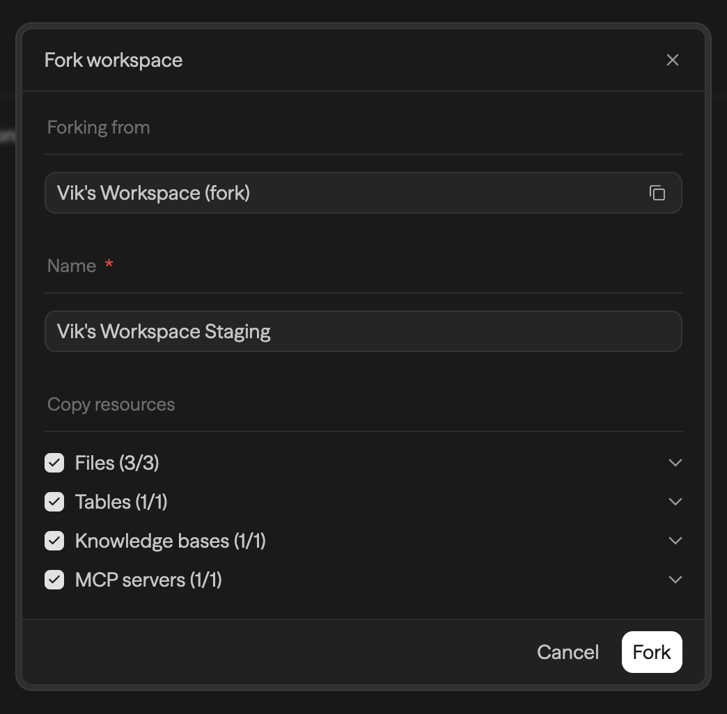Modal Fork workspace com campo de nome e lista Copy resources totalmente selecionada