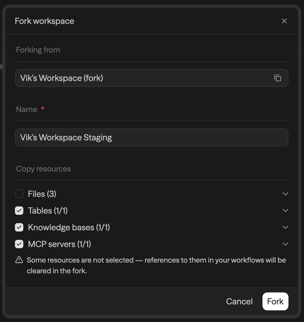 Modal Fork workspace mostrando um aviso de que recursos desmarcados limparão referências no fork