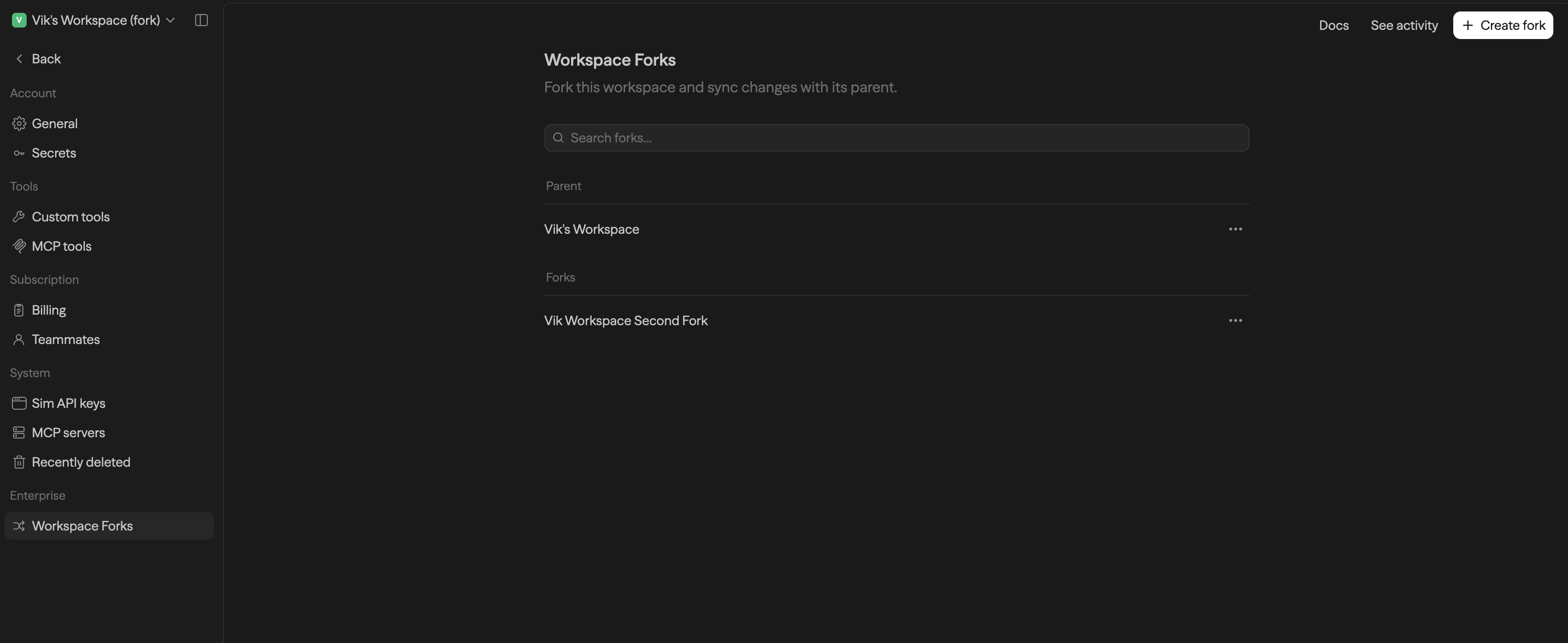 Página de settings de Workspace Forks mostrando seções Parent e Forks com ações Docs, See activity e Create fork