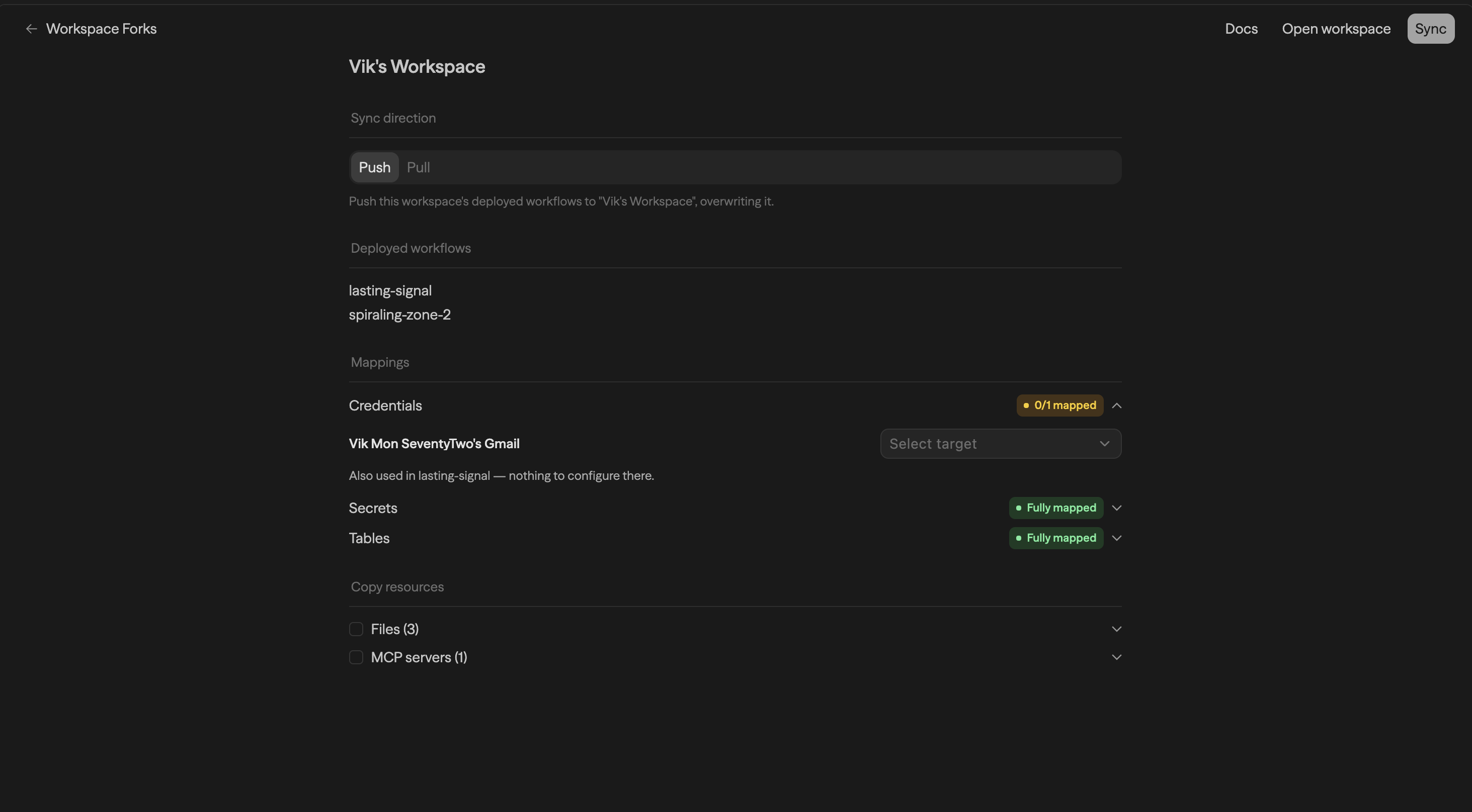 Página de detalhe Sync com direção Push e Pull, workflows deployados e badges de status de mapping