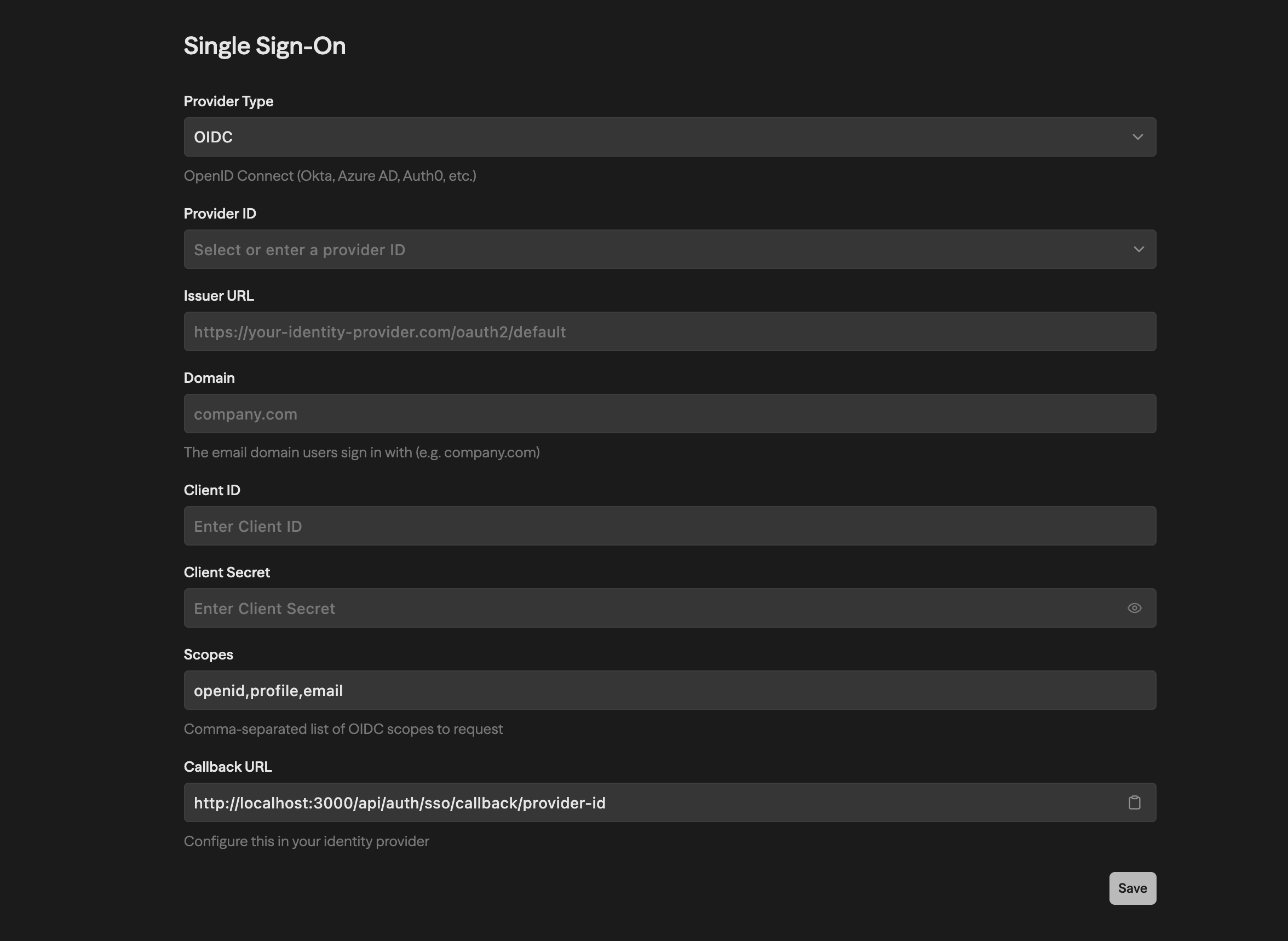 Formulário de configuração de Single Sign-On mostrando Provider Type (OIDC), Provider ID, Issuer URL, Domain, Client ID, Client Secret, Scopes e campos Callback URL