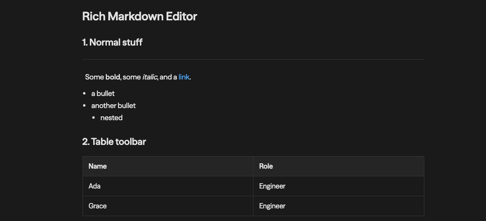 Um arquivo markdown renderizado no editor: cabeçalhos, negrito, itálico e um link, uma lista com marcadores aninhada e uma tabela