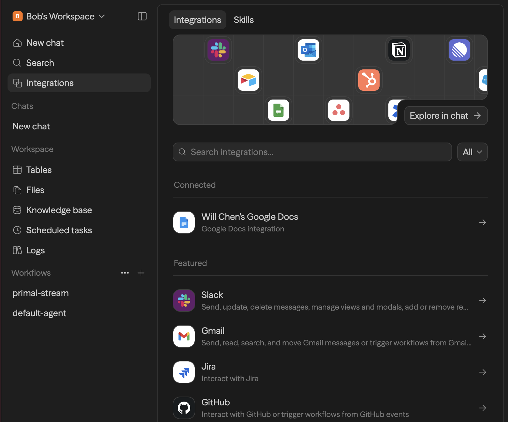 The Integrations page in Zoen, with the sidebar entry, a search box, connected accounts, and featured integrations