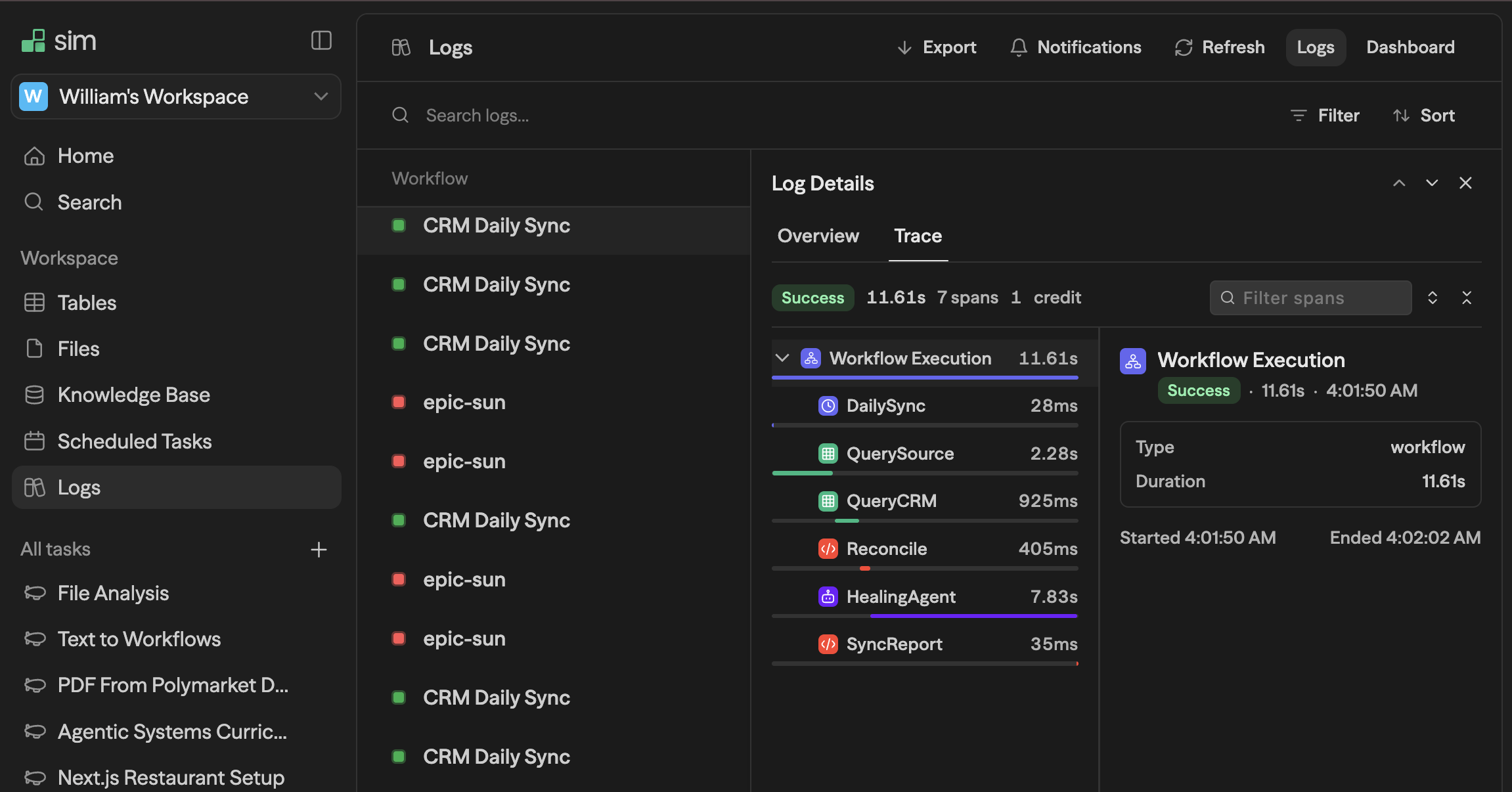 Log Details com a aba Trace aberta: spans de uma sincronização de CRM, cada bloco com duração, 11,61s no total