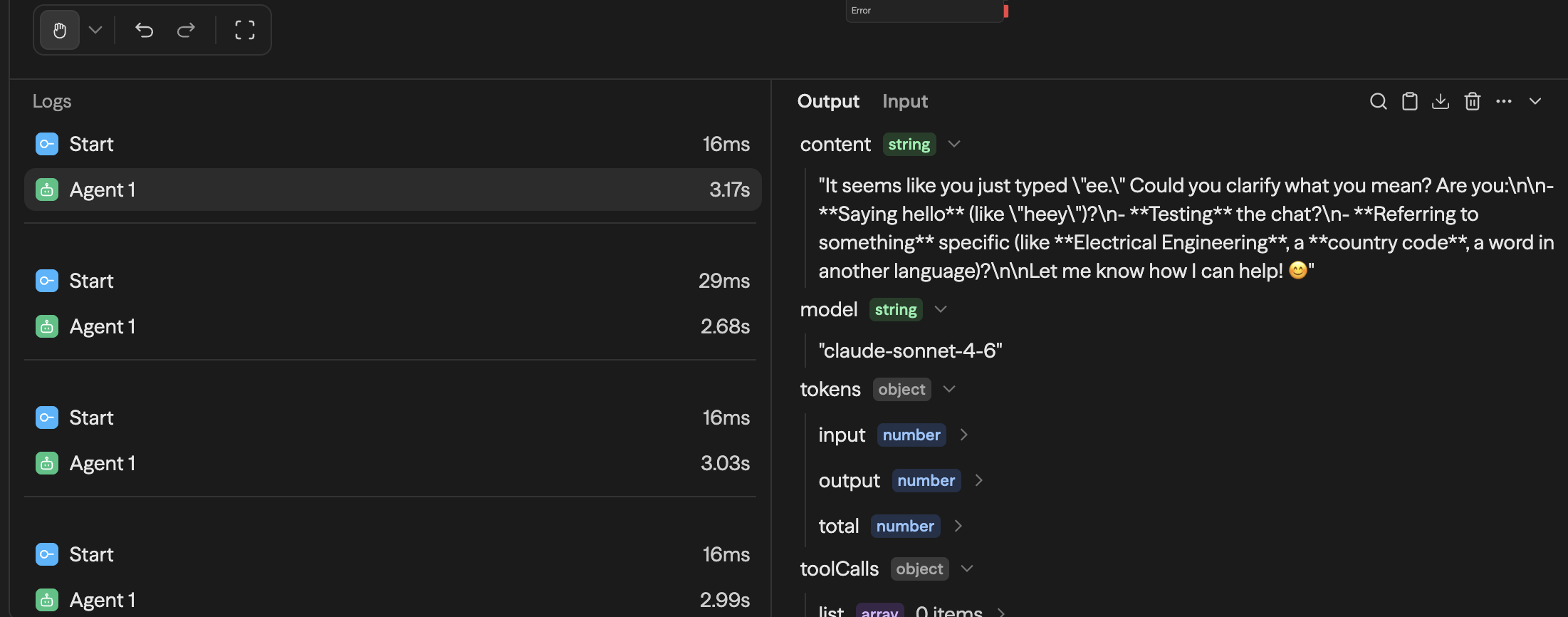 O console de execução do editor: blocos com durações à esquerda e a aba Output do Agent selecionado mostrando content, model e tokens como árvore tipada