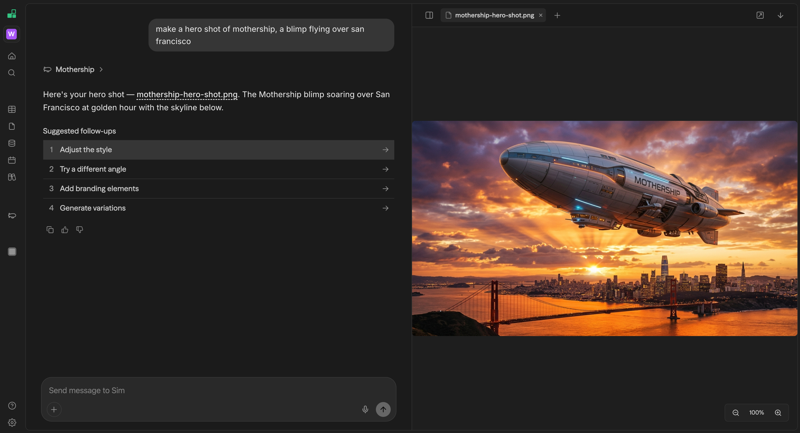 Painel de recursos do Mothership mostrando uma imagem hero gerada de um blimp com branding do Mothership voando sobre San Francisco na golden hour, ao lado da resposta no chat com link para o arquivo
