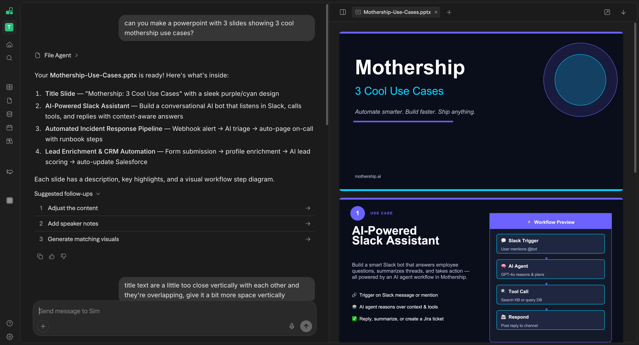 Painel de recursos do Mothership mostrando um arquivo Mothership-Use-Cases.pptx gerado aberto com o slide de título e o primeiro slide de caso de uso visíveis