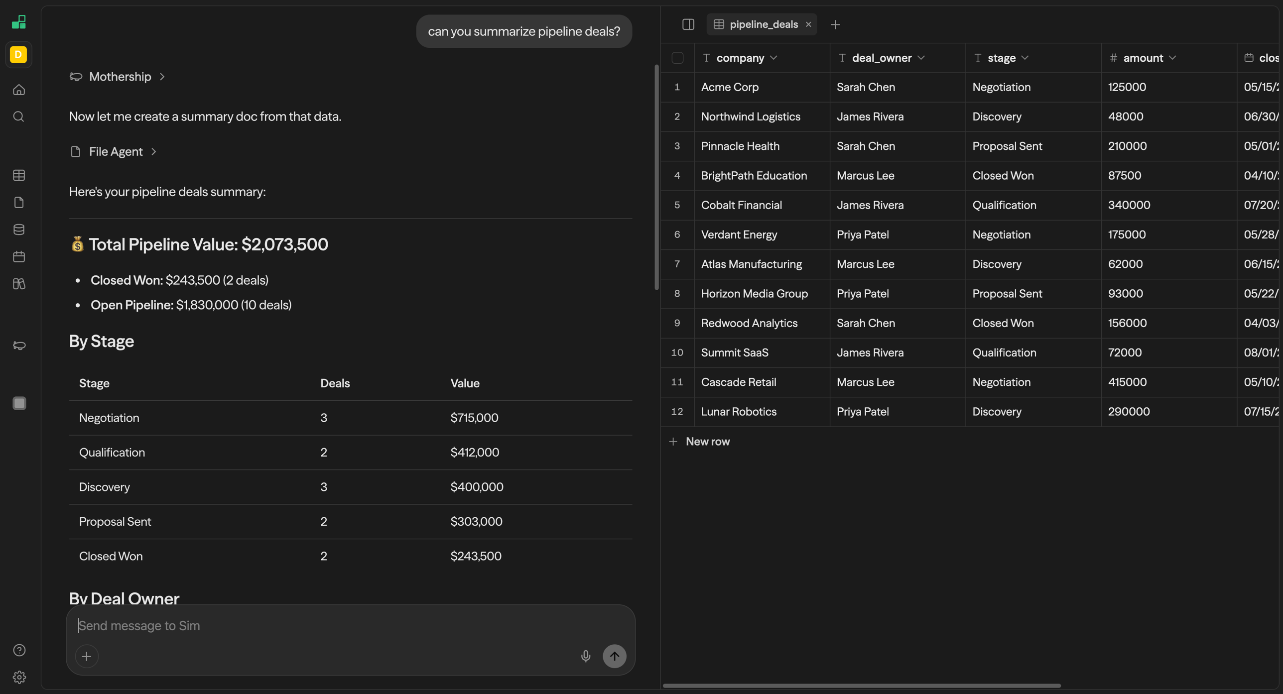 Painel de recursos do Mothership mostrando a tabela pipeline_deals com colunas company, deal_owner, stage e amount, ao lado de um resumo no chat do valor total do pipeline e breakdown por stage