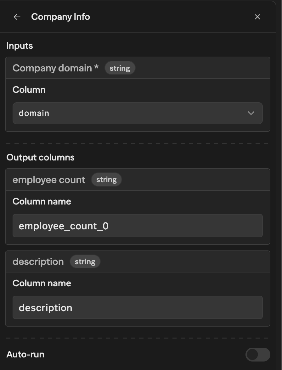 Os vínculos de um grupo: a entrada obrigatória Company domain ligada à coluna domain, e as saídas de employee count e description ligadas aos seus nomes de coluna