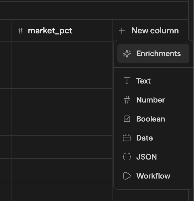 O menu New column: Enrichments no topo, os tipos de coluna comuns e Workflow na parte inferior