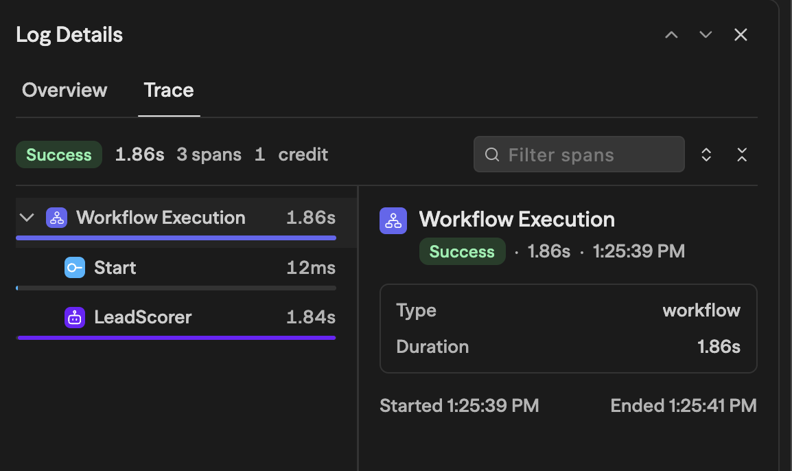 O rastreamento Log Details de uma execução de linha: Workflow Execution em 1,86s com spans Start e LeadScorer, marcados como Success