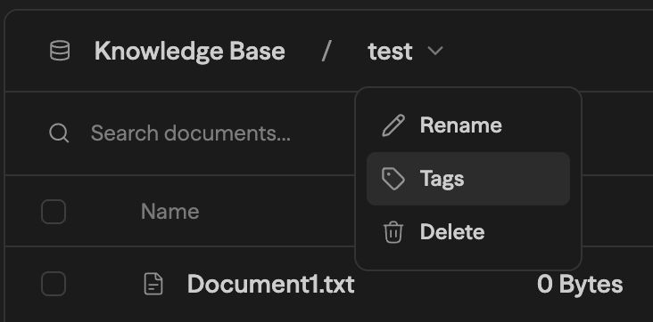 Cabeçalho da base de conhecimento mostrando o menu dropdown com as opções Rename, Tags e Delete