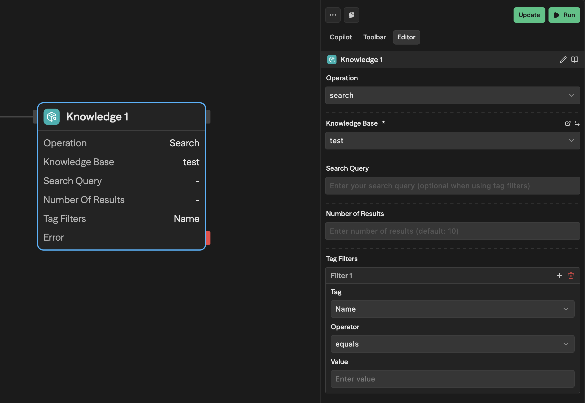 Editor do bloco Knowledge mostrando Operation: search, Knowledge Base: test, campo Search Query (opcional), Number of Results e uma seção Tag Filters com Filter 1 contendo Tag: Name, Operator: equals e um campo Value
